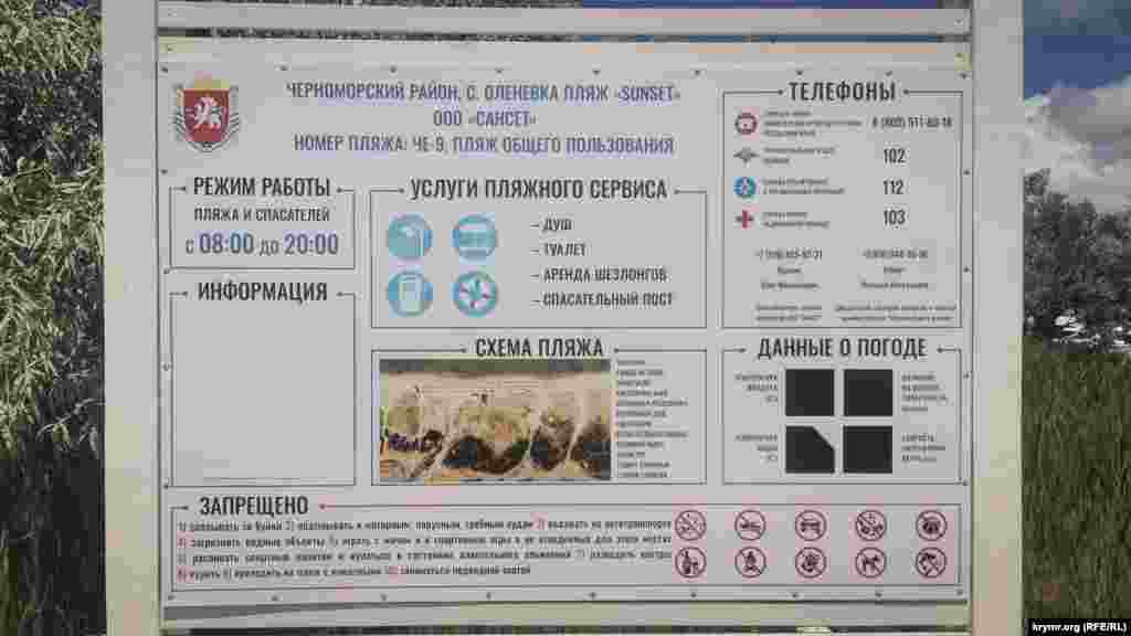 Інформаційний стенд, що розповідає про роботу одного з пляжів Оленівки. До слова, одне з популярних місць розміщення туристів тут &ndash; намет. На диких пляжах навіть є цілі наметові містечка